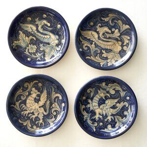 Set of 4 BAFFONI GUBBIO Italian Pottery Plates Blue Dragon Hand Painted Signed